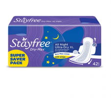 Stayfree Dry Max All Night X-Large Dry Cover Sanitary Pads For Women With Wings, Pack of 42 Pieces